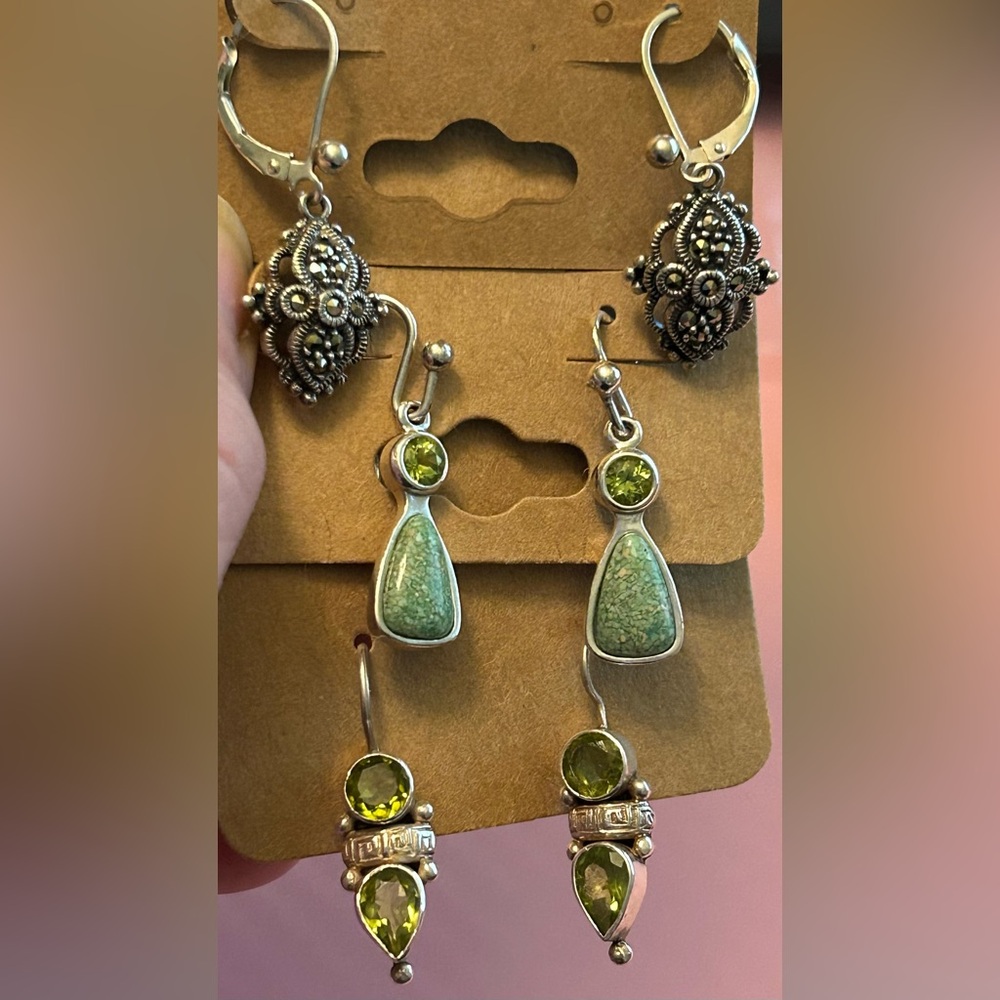 3 pairs Vtg 925 earrings. 2 leverback, 1 fishhook. 2 with peridot, 1 marcasite